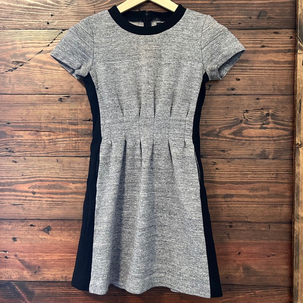 Madewell Short Sleeve Mini Dress Womens 2 Gray Black Pleated Mod Preppy Academia